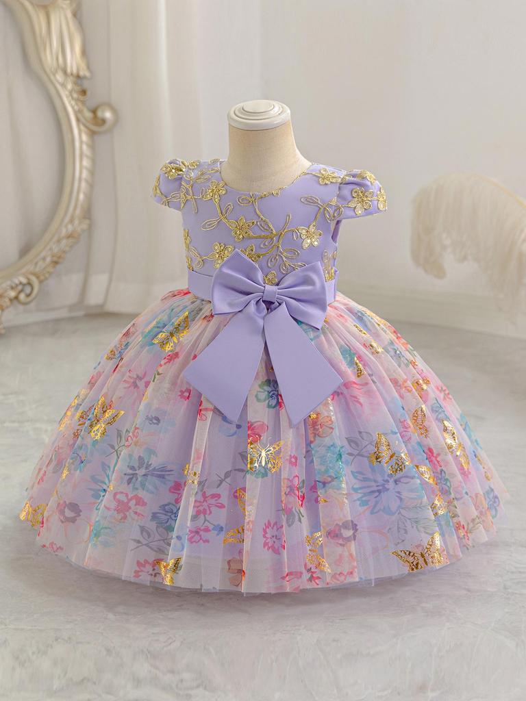 Girls' Puff Tulle Princess Dress with Bowknot for Birthdays & Events
