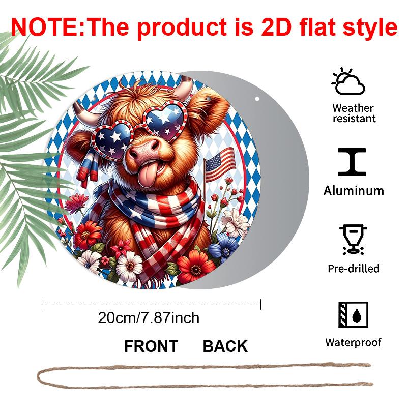 2D Flat, 1pc Patriotic Highland Cow Metal Wall Decor - Flag Colors (Red, ) - Heavy-Duty Aluminum Plate - Round Decoration for 4th of July, Father'S