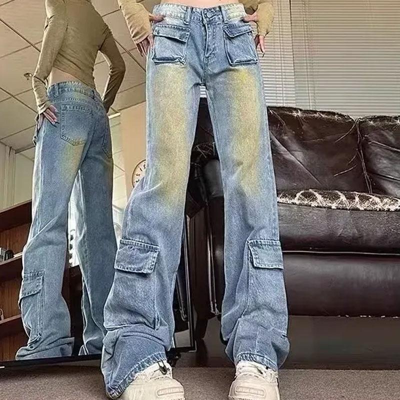 Jeans Américains Dégradés High Street Nouveaux Vêtements Féminins Pantalons en Denim Vintage Coupe Droite Mode avec Poches Pantalons Amples Assemblés