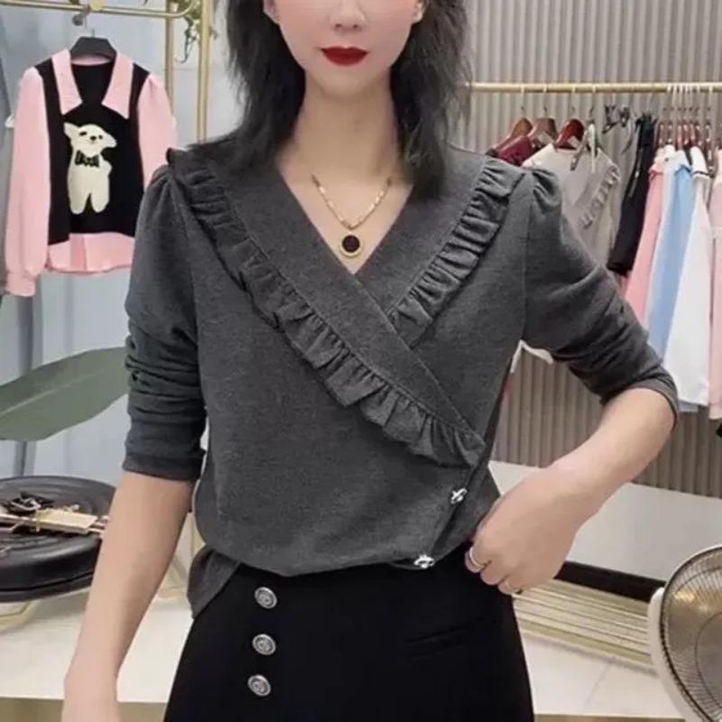 French V-neck Ruffle Design Long-sleeved T-shirt for Women Spring and Autumn New Fashion Irregular High-end Top