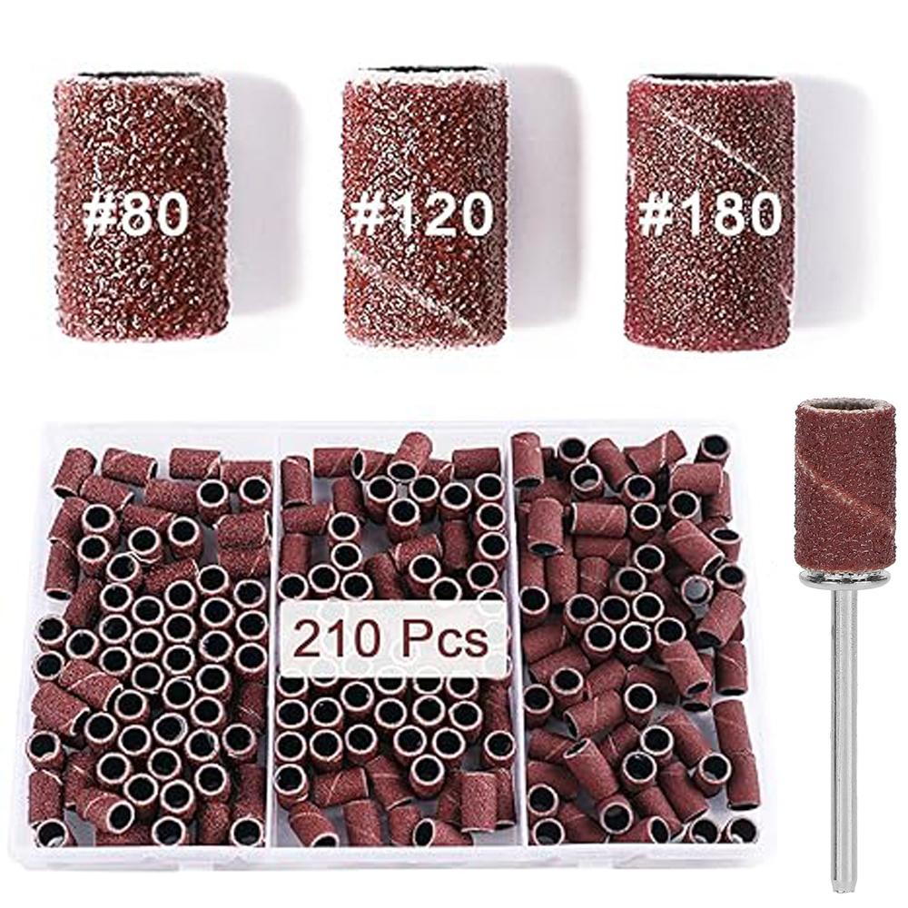 210pcs Sanding Cap Bands #180#120#80 Grit Nail Drill Grinding Bit Files Pedicure Tool Set for Grit Gel Nail Polish Removal