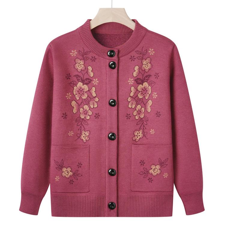 Herbst Oma Kleidung Rundhals Strickjacke Pullover Mittelalterliche und Ältere Pullover Herbstjacke Damen 50 Jahre 60 Mutter Kleidung Oberteil