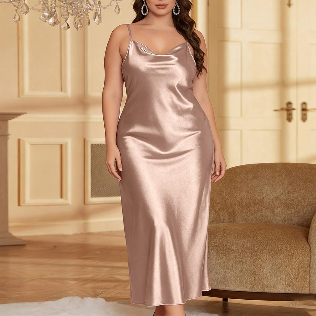 Women Plus Size Satin Slip Dress Adjustable Spaghetti Strap V Neck Midi Length Nightgown Lingerie Sleepwear Chemise