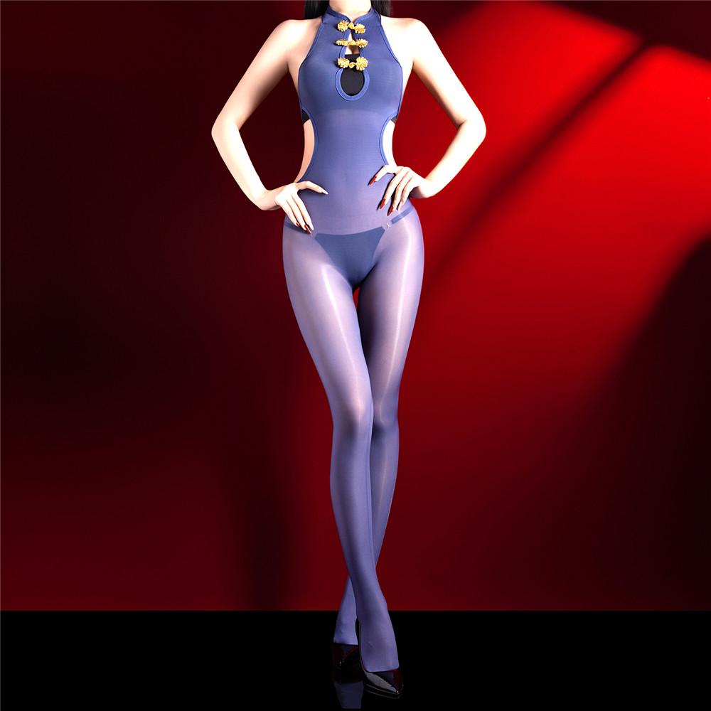 Fashion Women Backless Open Crotch Bodysuit Hollow Out Jumpsuit Oil Shiny Glossy Elastic Tight 5D 912 Pin Bandage Maid Leotard