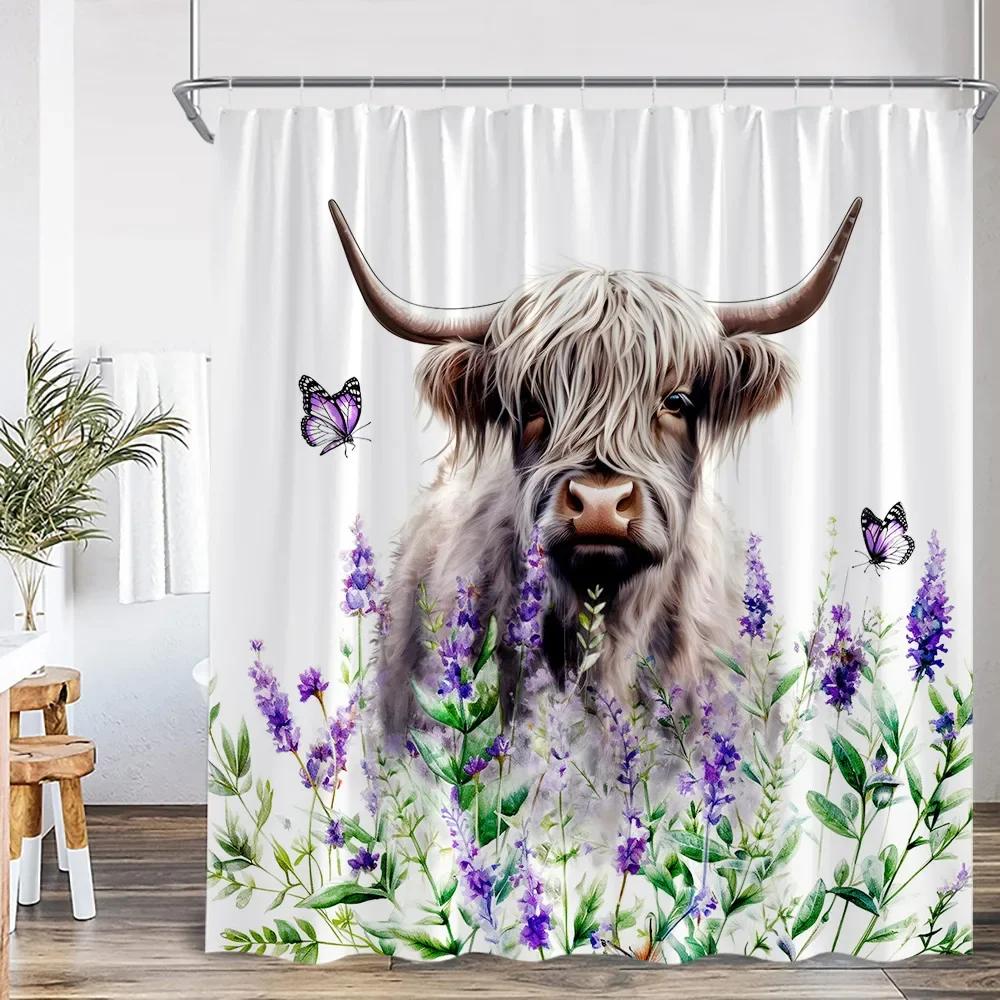 

Cartoon Funny Bath Animal Shower Curtain Highland Cow Print Bathroom Decorations Polyester Shower Curtain W120xH180cm