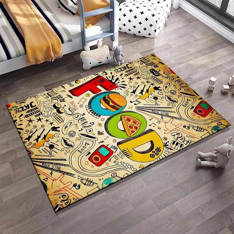 Colorful Fun Pattern Carpet with Food, Music, and Doodle Art Design Suitable for Use As an Anti-slip for Living Room Bedroom Sofas