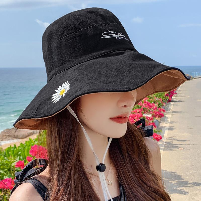 Small daisy bucket hat spring and autumn double-sided wear large brim sun protection sun hat women's summer face cover sun hat