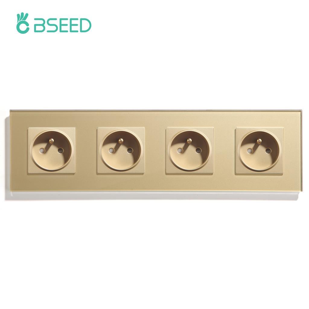 BSEED 1/2/3Gang Touch Light Switches 1Way With French Sockets Type-c USB Wall Power Outlets Glass Panel Blue Backlight Gold