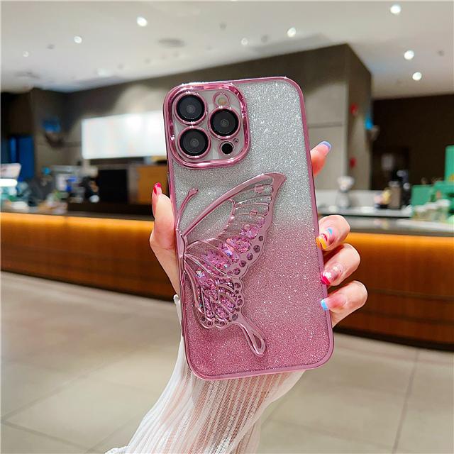 For iPhone 16E 15 Pro Max Fashion Glitter Butterfly Luxury Plating Frame Phone Case For iPhone 11 12 13 14 Plus Protective Cover