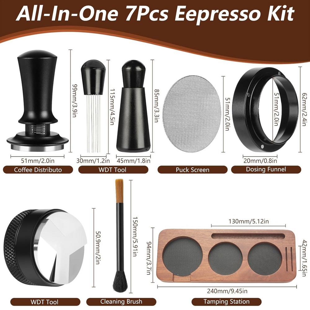 

7Pcs/Set 51mm Espresso Coffee Tamper Stainless Steel Flat/Thread Base Internal Spring Loaded Balanced Fixed Force Coffee Tamper