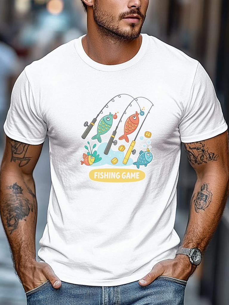 Mens Summer Fishing TShirt Fishing Game Rod Fish Print Short Sleeve Round Neck Soft Oversized Playful Daily Wear