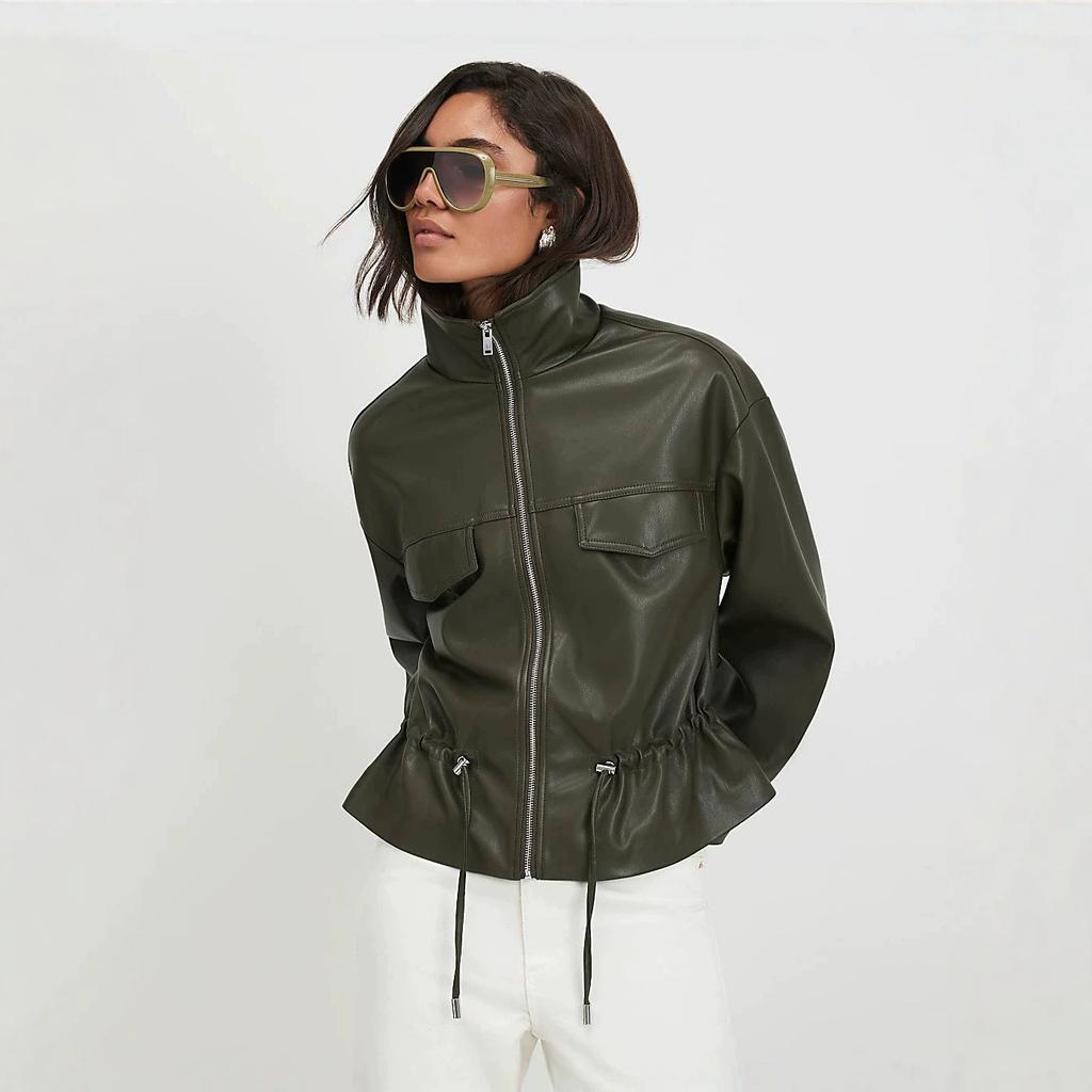 Veste en Cuir PU à Col Montant Populaire pour Femmes Taille à Cordon Poche Zippée Courte Veste Rétro Locomotive Veste