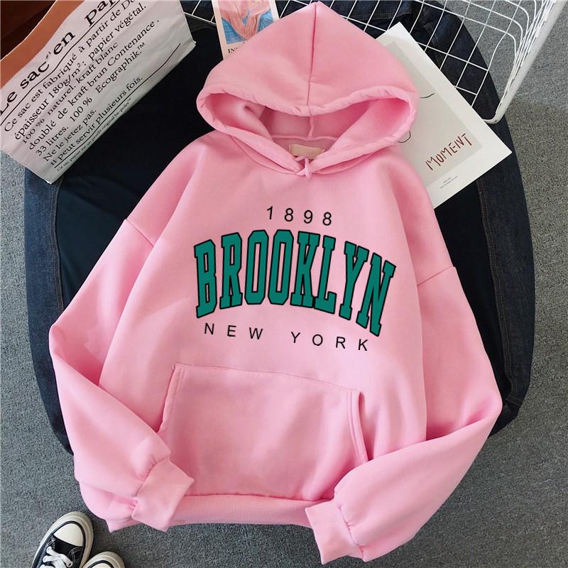 Brooklyn Print Fleece Hoodie - Damen Herbst/Winter Lockerer Pullover