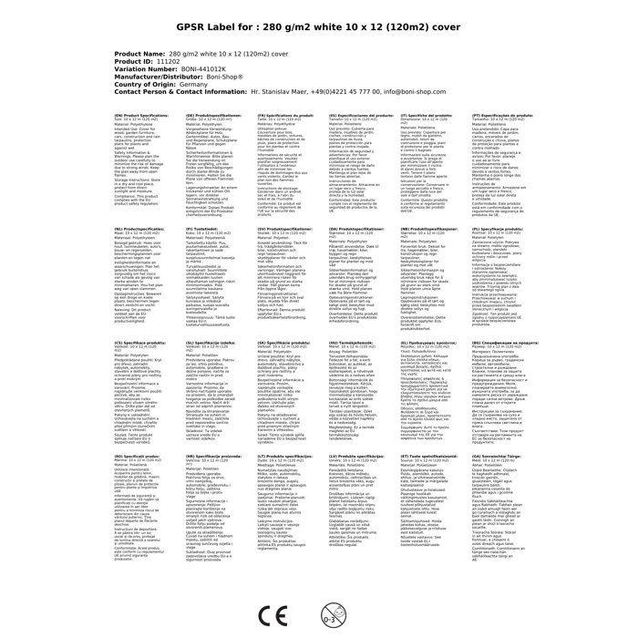 280 g/m² blanc 10 x 12 (120m²) bâche