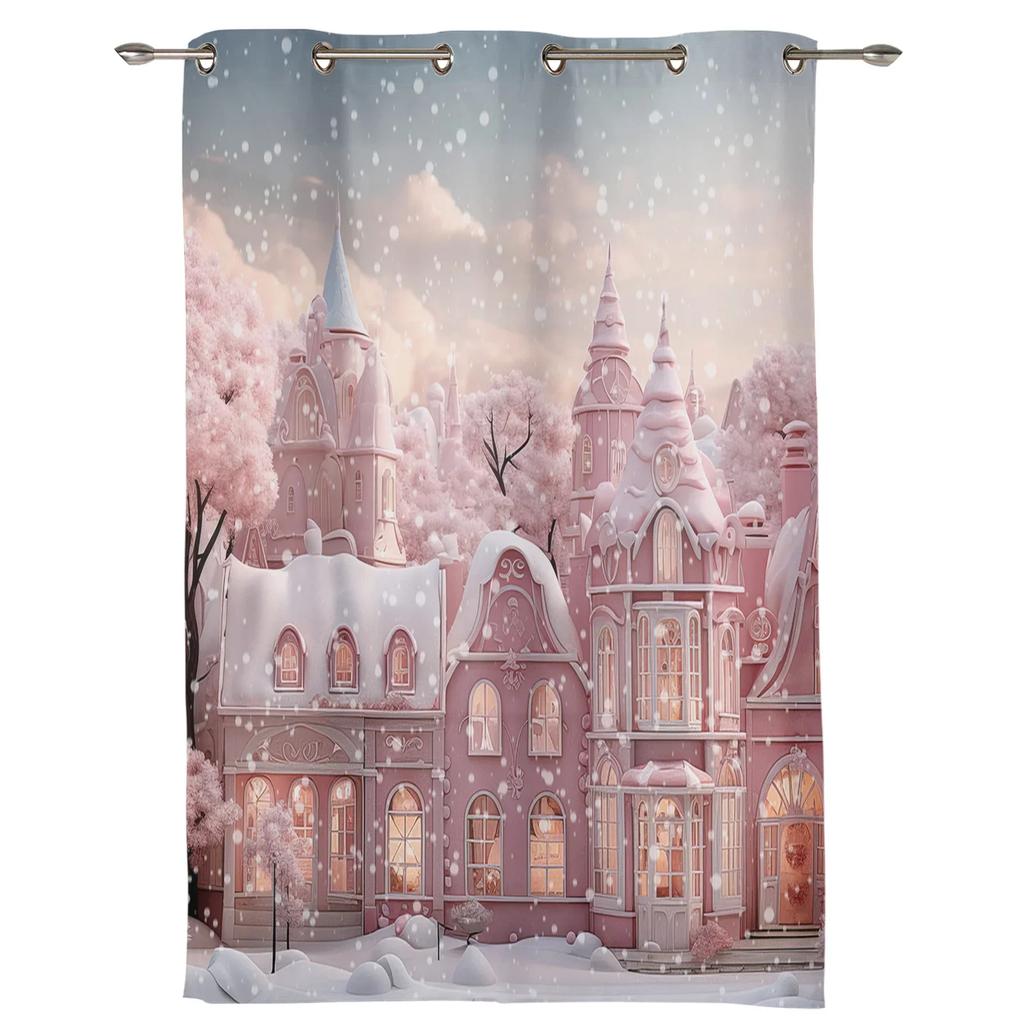 Christmas Snowman Snow Scene Pink House Window Curtains Decor For Home Bedroom Kitchen Living Room Ornament Xmas Gifts Navidad
