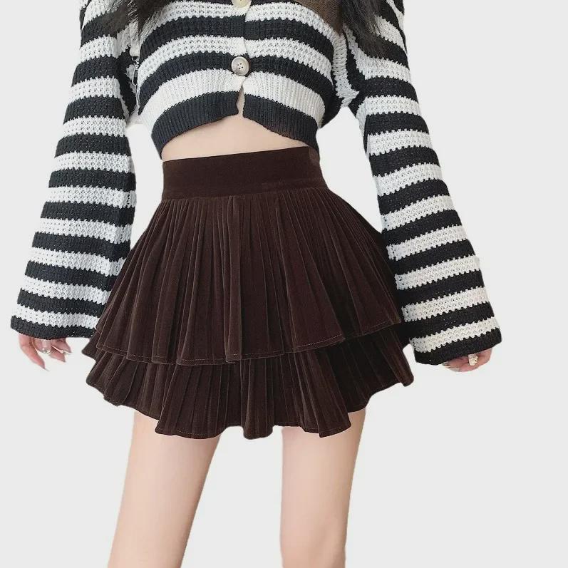 Plissierter Samtrock - Damen High Waist Cake Design für Frühling, Herbst und Winter 2023