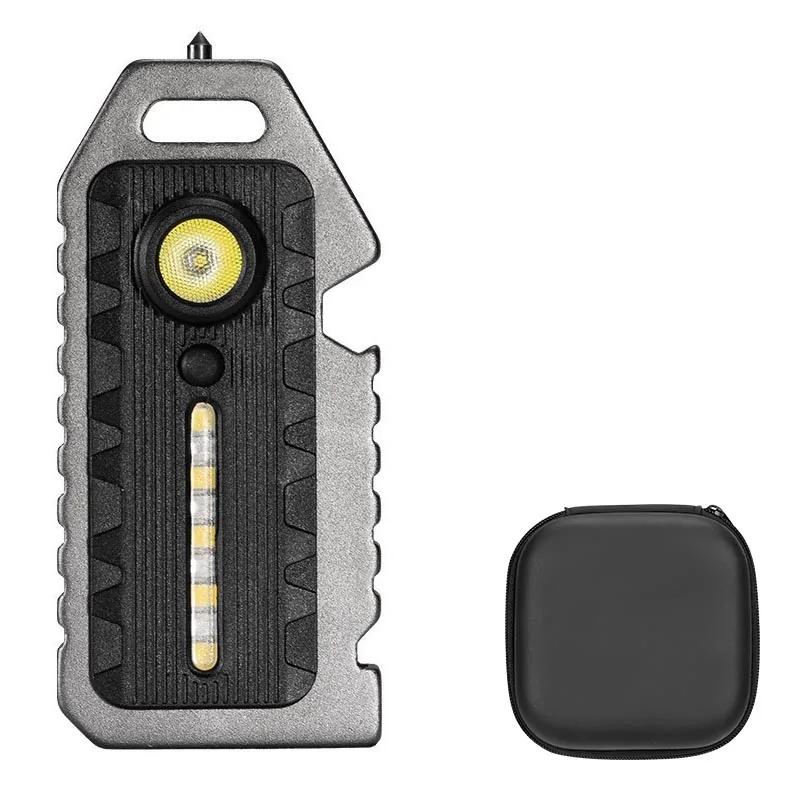 Portable LED COB Multi-functional Flashlight Keychain Outdoor Emergency Survival Whistle Bottle Opener Broken Window Hammer