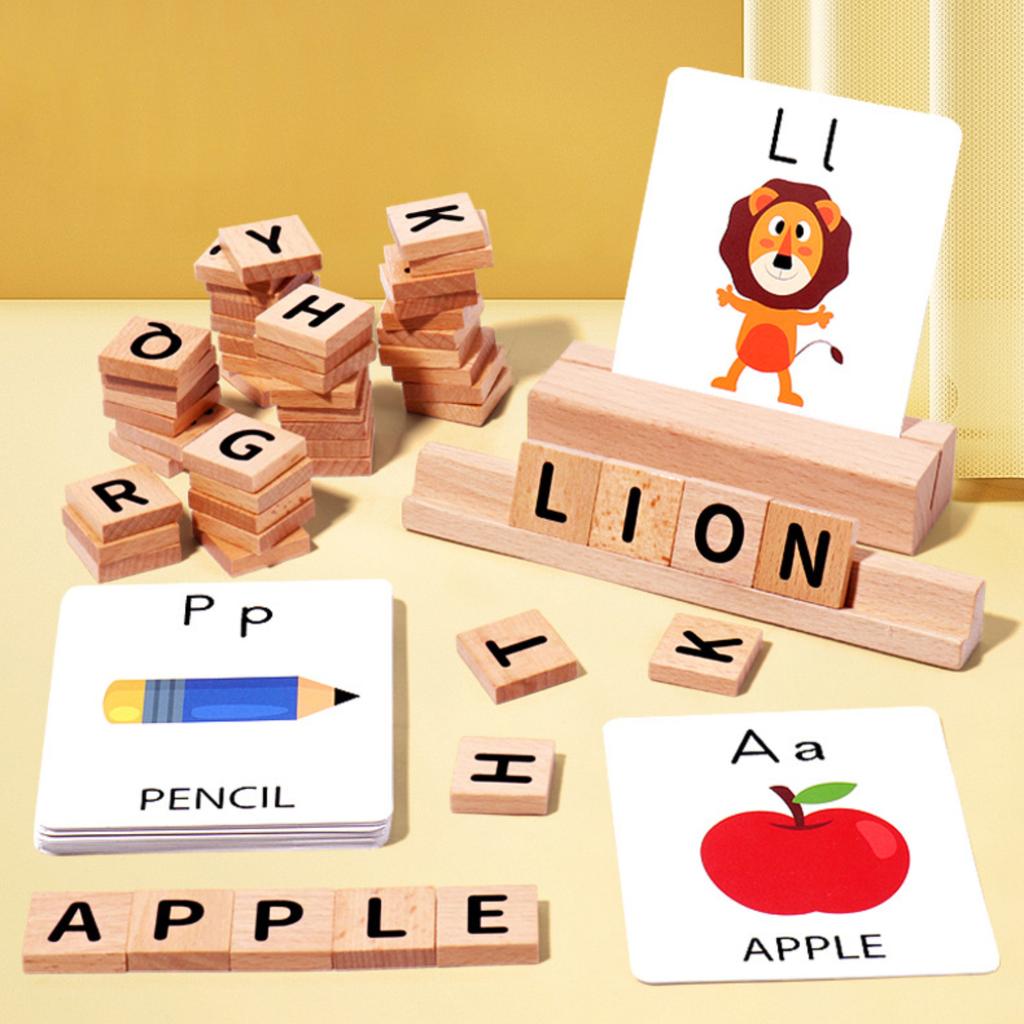Matching Letter Game Spelling Reading English Alphabet Wooden Letters Card Mat- Game Children Pre-school Learning Language Toys
