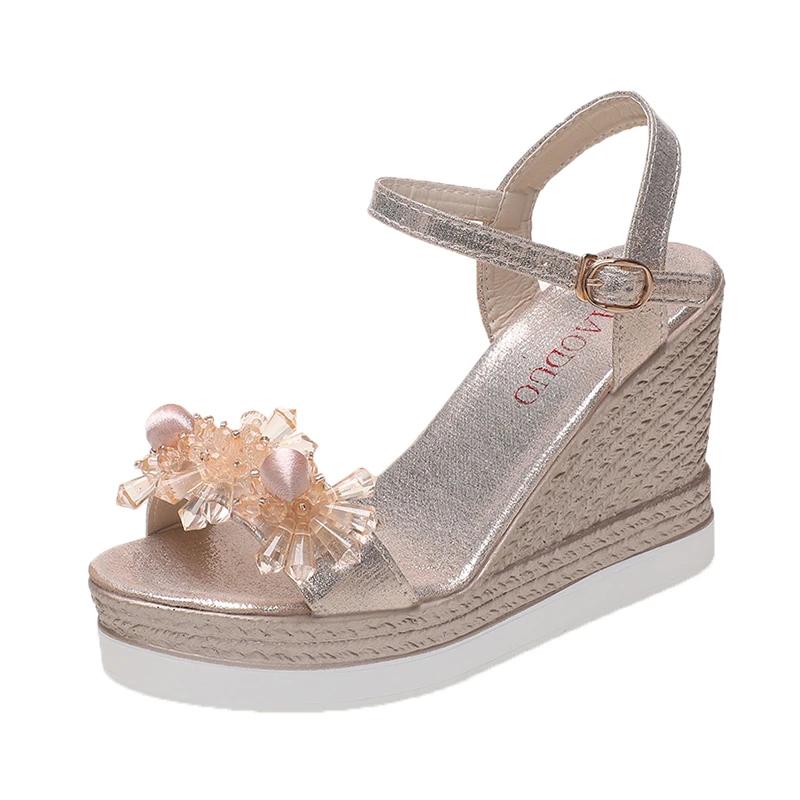 Módní dámské sandály 2025 Léto Nové Perlové Průhledné Kamínky Vysoké Podpatky Spona Módní Dámské Klínkové Sandály Dámské Plážové Boty