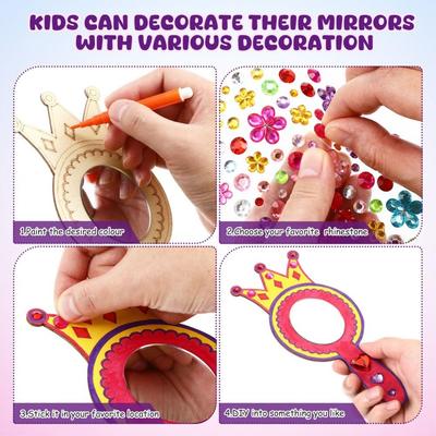 1 Set DIY Wooden Mirror Craft Unfinished with Paintbrushes Kids Decorate Mirrors Birthday Party Gift Princess Mirror Crafts