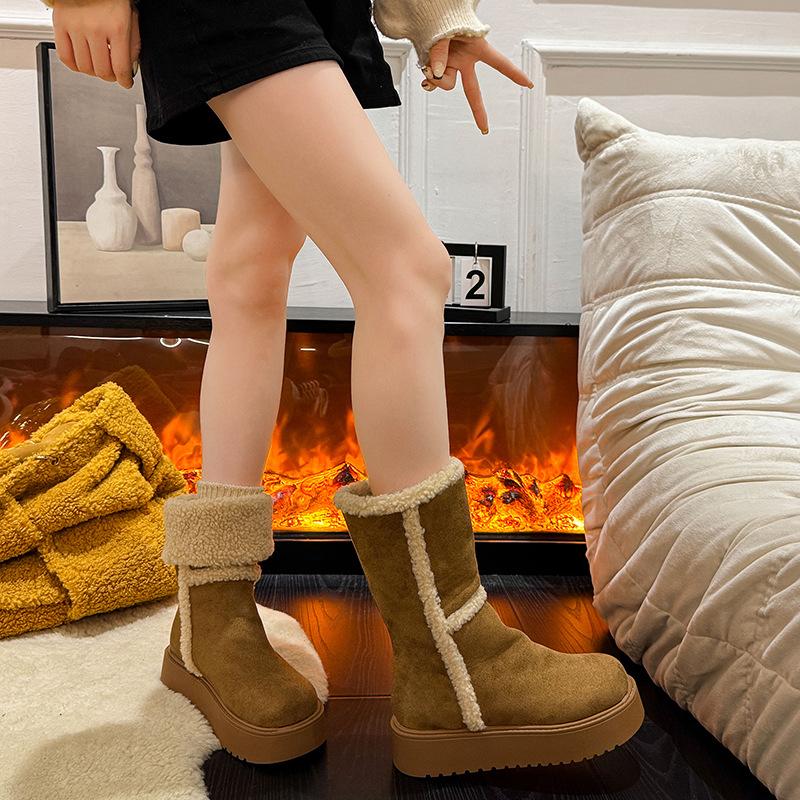 Women's thick-soled one foot stirrup mid-calf winter lightweight warm anti cold padded snow boots non-slip wear casual sneakers cotton boots