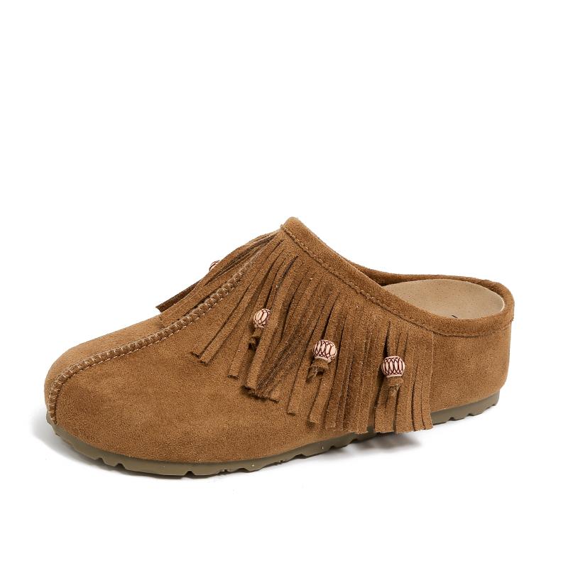 New Women's Flat Shoes Cover Toe Increased Internal Fringe String Bead Slippers Fashion All-match Spring and Autumn Single Shoes