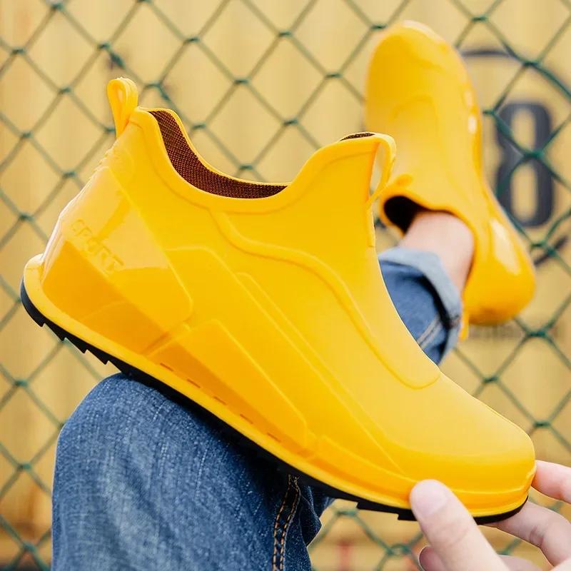 Men's Short Rain Boots Fashionable Outdoor Waterproof Shoes Low Top Anti Slip Wear-resistant Kitchen Shoes Fishing Rubber Shoes