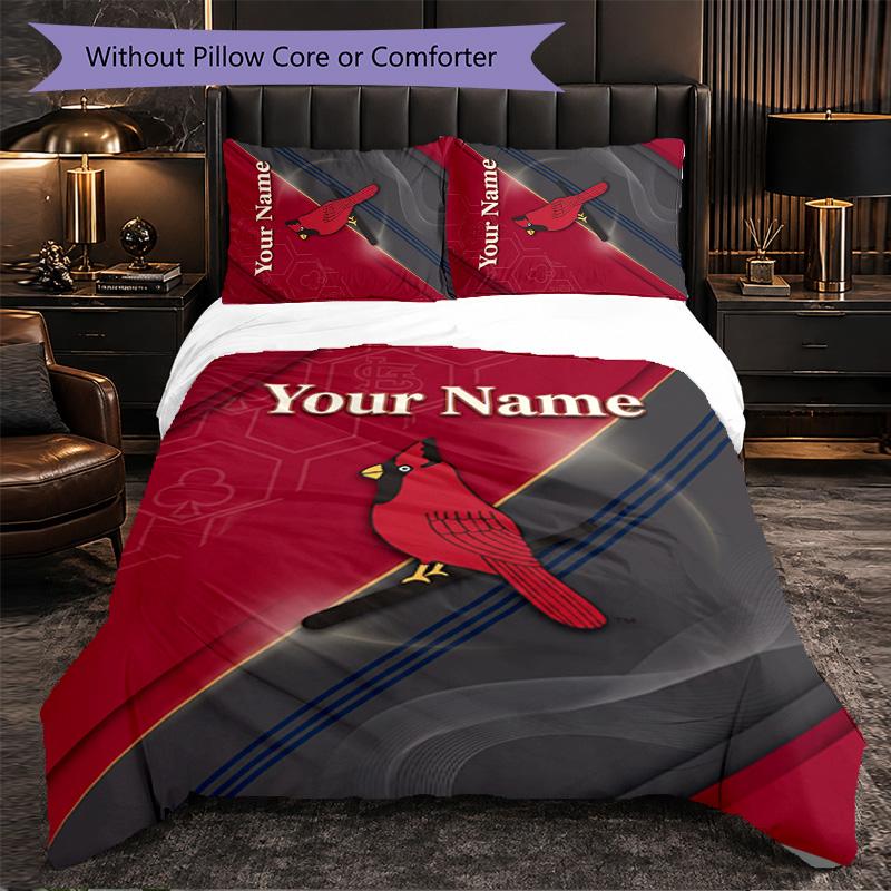 St. Louis Cardinals Customized Name Text Bedding Set, 1 Duvet Cover & 2 Pillowcases Personalized Bedroom Gift