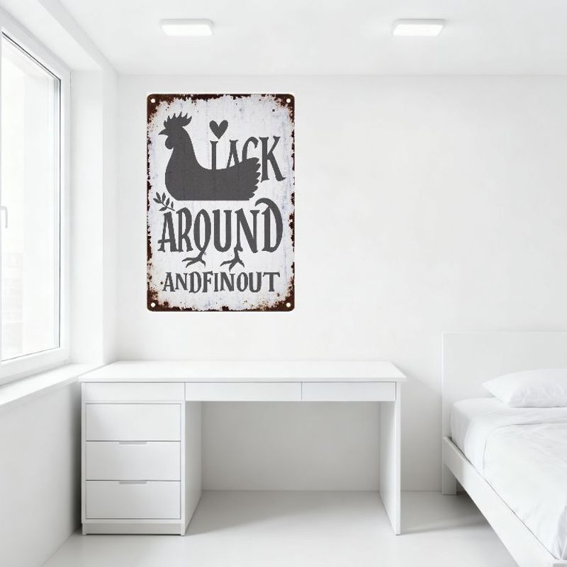 Vintage Metal Tin Sign Rustic Chicken Rooster Heart Above Head 'JACK AROUND AND FINOUT' Distressed Rusty Edges Wall Decor for Ho