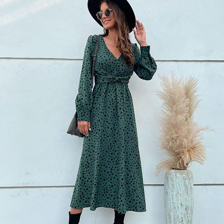 Green Leopard Print Chic Women Dress High Waist Long Sleeve V Neck Long Dress