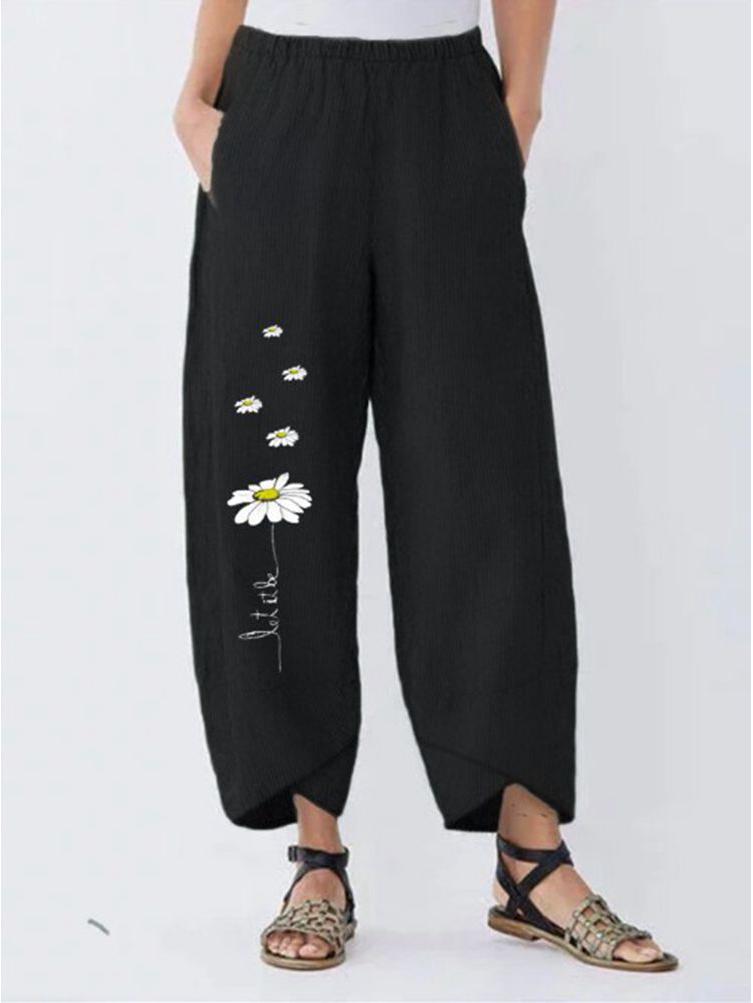Cotton Linen Women's Cartoon Daisy Print Casual Elastic Waist Pants 3401