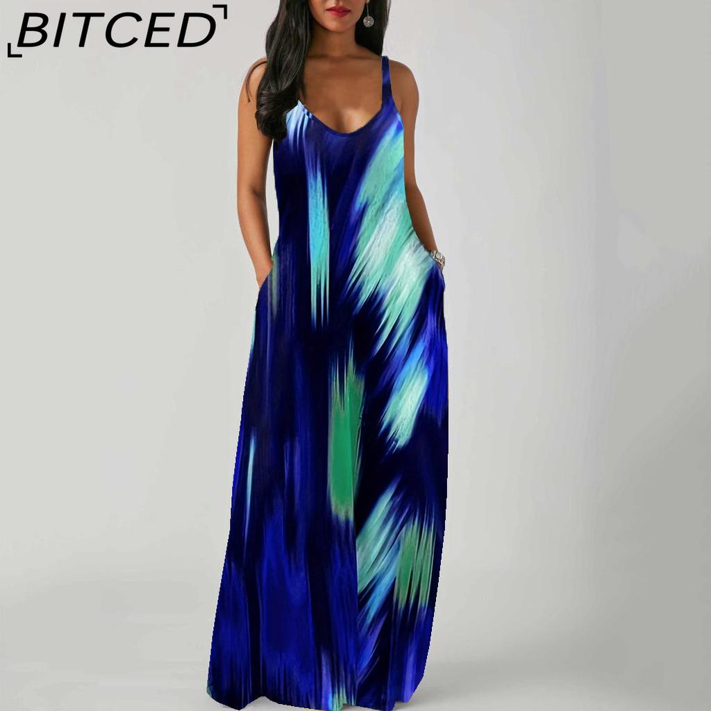 BITCED Elegant Fashion Floor Length Sleeveless V Neck Simple Women Summer Retro Printed Loose Waist Straight Dress