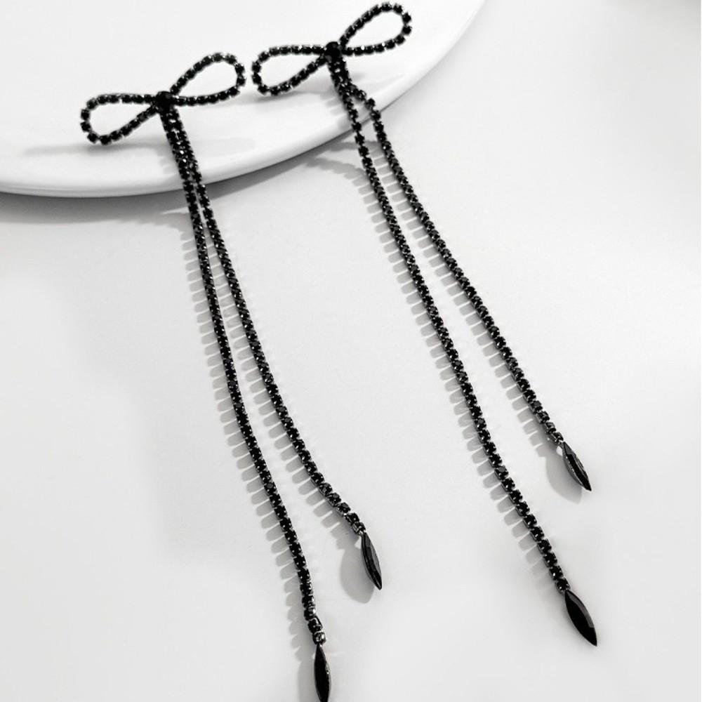 Trendy Rhinestone Long Tassel Earrings Black Alloy Bowknot Pendant Earrings Exaggerated Dangle Statement Drop Earrings Bridal