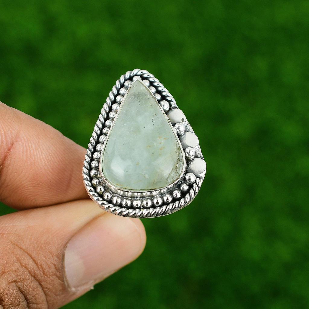 Pear Aquamarine Gemstone Boho Anniversary Birthday New Ring 925 Sterling Silver