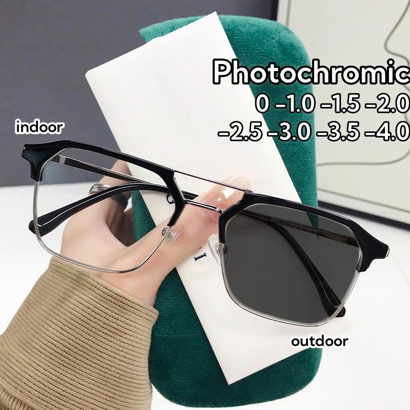 Retro Polygonal Full Frame Photochromic Near Sight Glasses Trendy Metal Double Beam Myopia Glasses Anti Blue Light Glasses