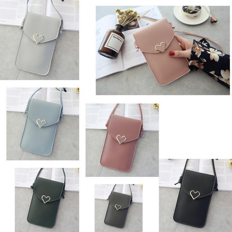 Stylish Women Simple Pu Leather Heart-shaped Decor Transparent Touch-screen Mobile Phone Bag