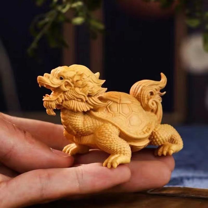 Cypress Dragon Turtle Sculptures and Figurines Chinese Mascot Solid Wood Carving Home Room Office Wealth Luck Feng Shui Decor
