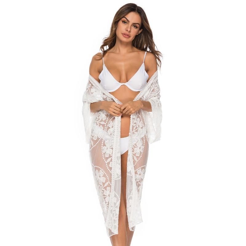 Women's Lace Mesh Bikini Outer Cardigan Plus Size Holiday Style Beach Cover Up Sun Shirt