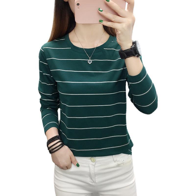Women's Striped Round Neck Long Sleeve T-Shirt Base Bottom Tops