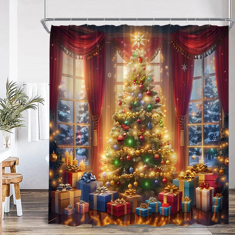 Cortină de duș de Crăciun Brad Cadouri Pădure de iarnă Cedru Natură Peisaj Agățat de perete pentru casă Cortine de baie din material textil Decor