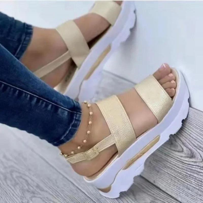 2024Womens Summer New Style Simple Solid Color Thick-soled Anti-Slip Womens Shoes Outdoor Casual Comfortable Beach Dress Sandals