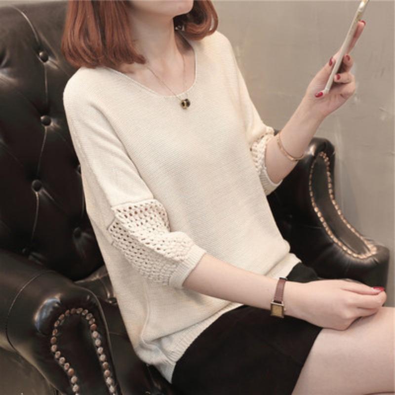 Knit Short Sleeve Top Women Mesh Lace Thin Student Spring Autumn Shirt Loose Mid Sleeve Cover Up