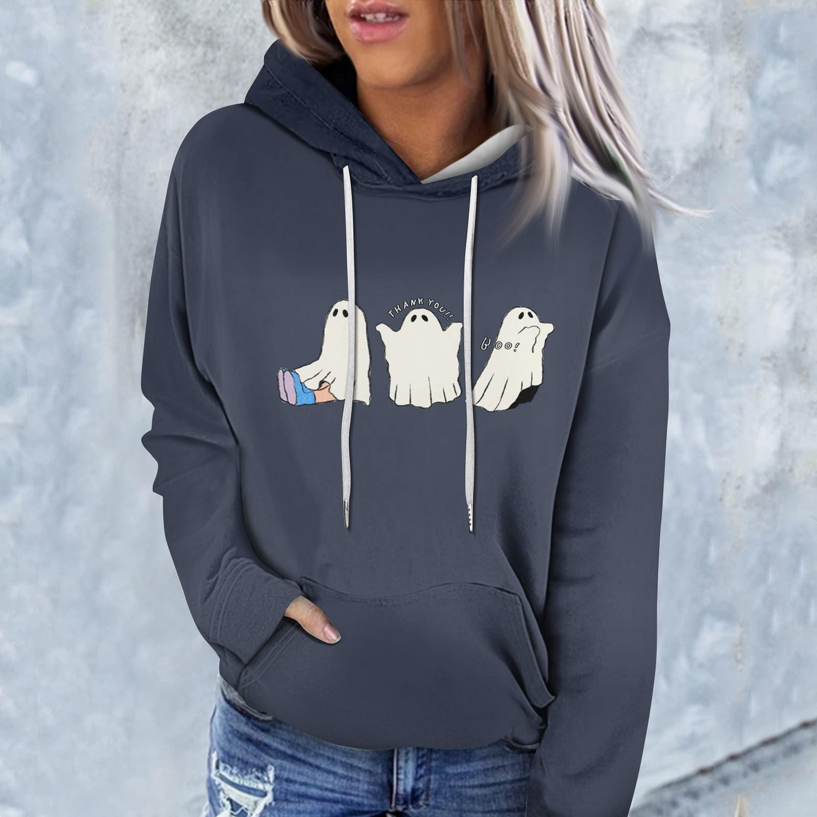 

Женская модная повседневная толстовка с капюшоном и длинным рукавом с принтом на Хэллоуин M тёмно-синий