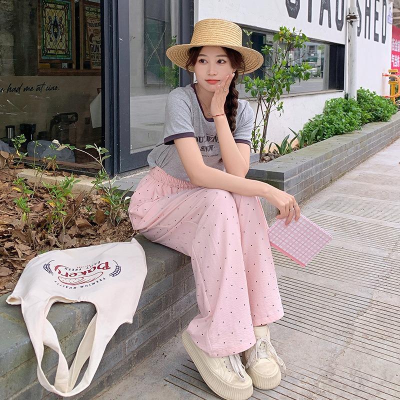 Wide-leg pants women's summer thin polka-dot high-waisted straight casual pants loose and thin pear-shaped body ice silk cool pants