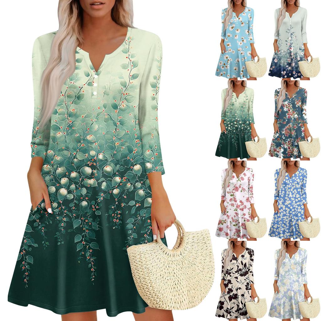 Women's Fashionable V-Neck Button Seven Part Cuff Pocket Floral Dress