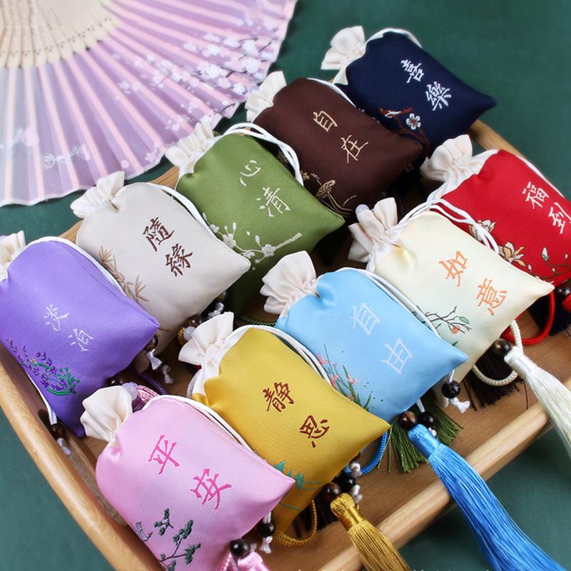 1PC Woven Embroidered Silk Style Sachet Bag Stitching Tassel Drawstring Bag Reusable Lotus Plum Flower 8x12CM