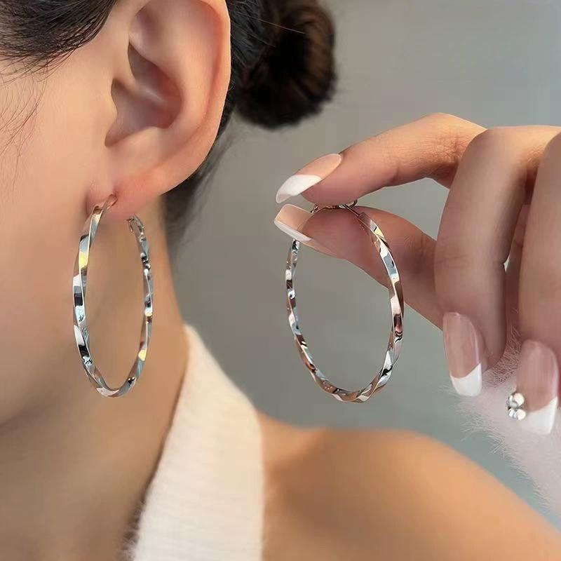 Geometric Hoop Earrings Women 50MM Silver Twist Metal Round Circle Big Dangle Earrings Trendy Jewelry Party Birthday Gift