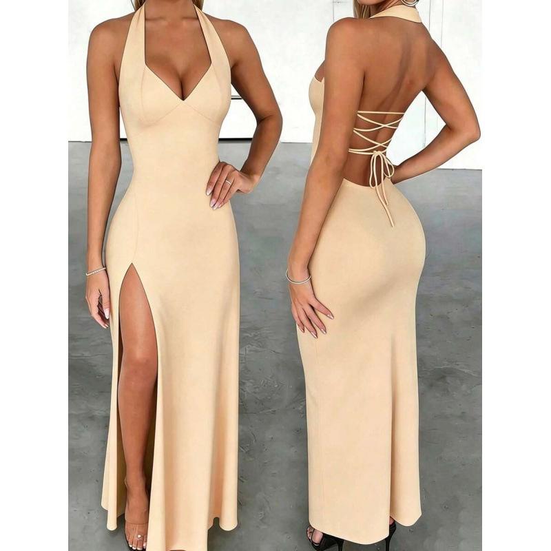 Europe, America 2026 summer new deep V-neck pure desire sexy neck halter slit dress women XXS
