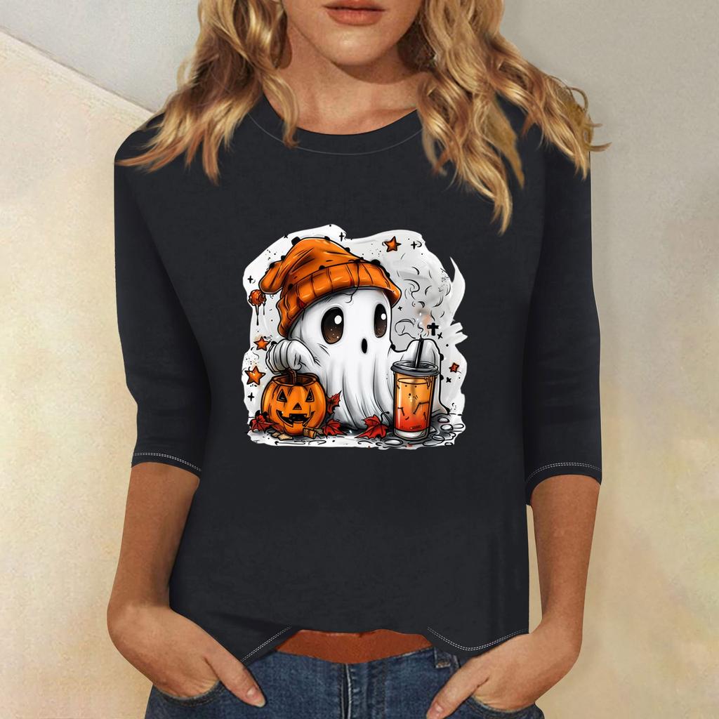 Women's Fashion Casual Three-quarter Sleeve Halloween Printed Round Neck Top