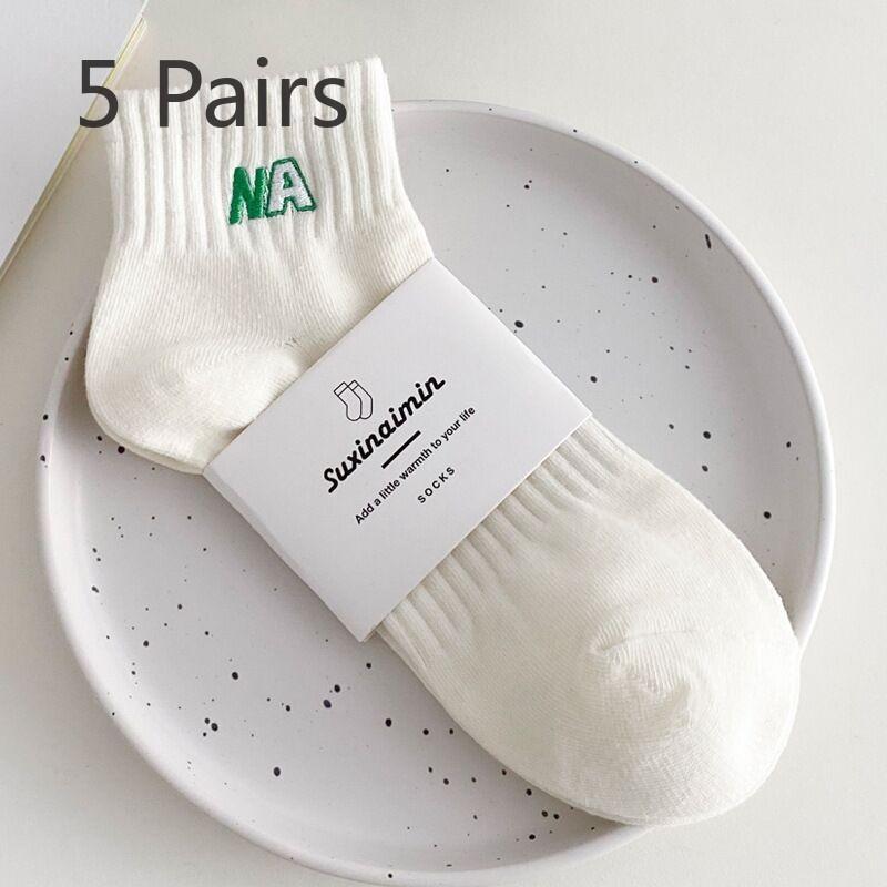 

5 пар женских коротких носков-лодочек весна-лето с вышитыми однотонными буквами 5 Pairs слоновая кость